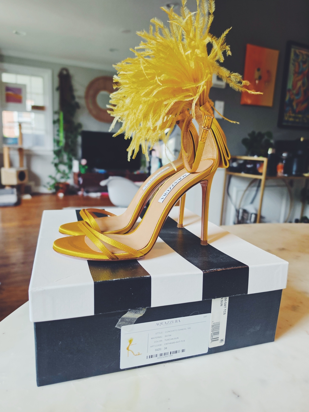 Aquazzura Concerto Feather Stiletto Sandals In Tuscan Sun Size 38/8 - Picture 4 of 13